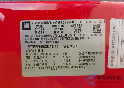 2012 GMC Sierra 1500 Sle from USA, damaged, VIN 3GTP2VE75CG244741